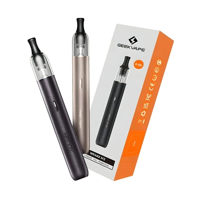 صورة جهاز GeekVape Wenax M2 أنبوبي فضي مع بطارية 1200 mAh وطرف تبخير، من الجانب الأمامي.